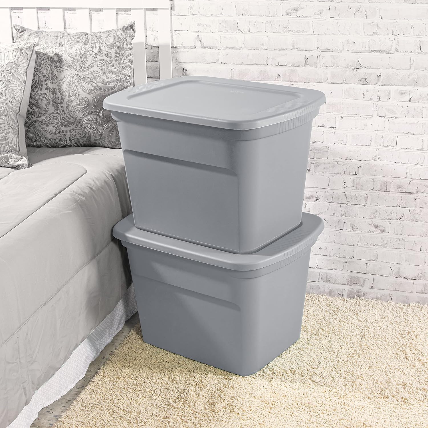 Sterilite 18 Gal Storage Tote - Stackable Plastic Bin with Lid for Closet & Basement Organization | Gray, 8-Pack