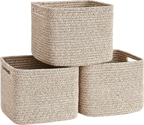 Jute 3 Pack Cube Storage Bins - 9”x9”x7” Cotton Rope Baskets for Organizing Toys, Clothes & More