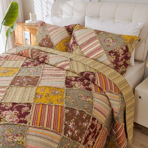Cmfshape Floral Quilt Sets Bedspread Set 100% Cotton Patchwork Bedding Set, All Season Use Lightweight Reversible Coverlet Quilts with 2 Pillow Shams(King 106"x96")