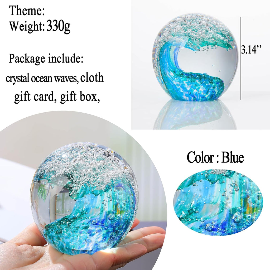 Qianwei Ocean Waves Crystal Ball | Hand Blown Glass Collectible Figurine - Stunning Decor for Ocean Lovers
