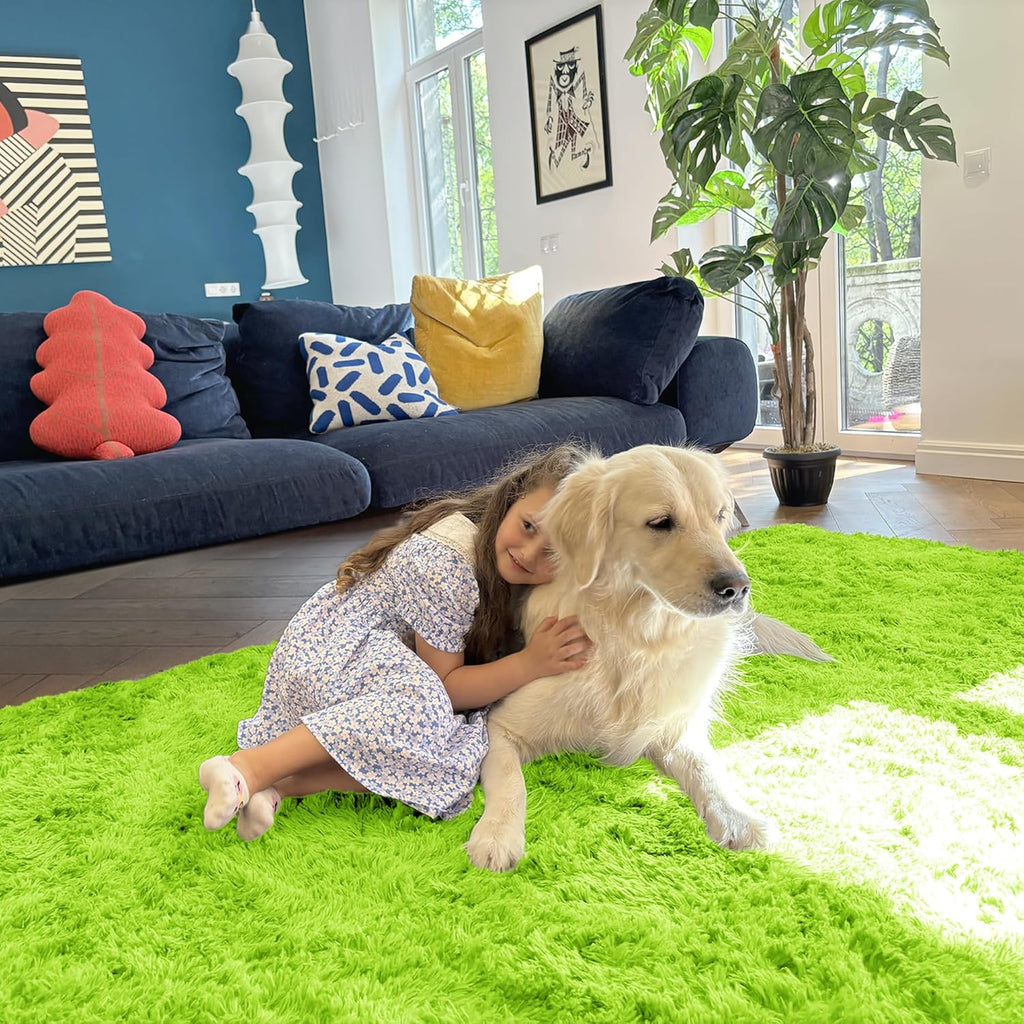 OLANLY Small Bedside Rug - Soft Fluffy Shaggy Indoor Carpet for Kids | Machine Washable, Lime Green