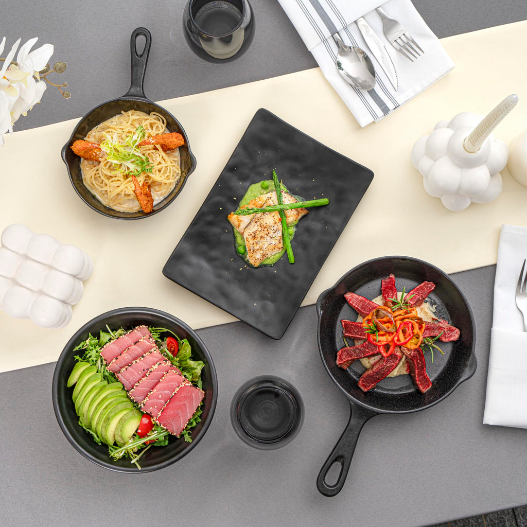 Restaurantware Voga 9.8 x 6.8 Inch Rectangle Serving Plates 4 Medium Sushi Platters - Faux Slate Dishwashable Black Melamine Japanese Style Plates For Appetizers Entrees Or Desserts