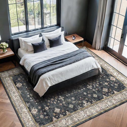 Hazo Haus Black Farmhouse Area Rug - Washable 7x10 ft, Stain Resistant, Non-Slip | Ideal for Living Room, Bedroom, Dining Room