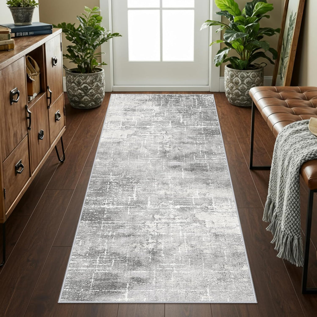 Skiennix Washable Abstract Kitchen Rug - Non-Slip Water-Resistant Floor Mat | 2x6 Light Grey for Modern Homes