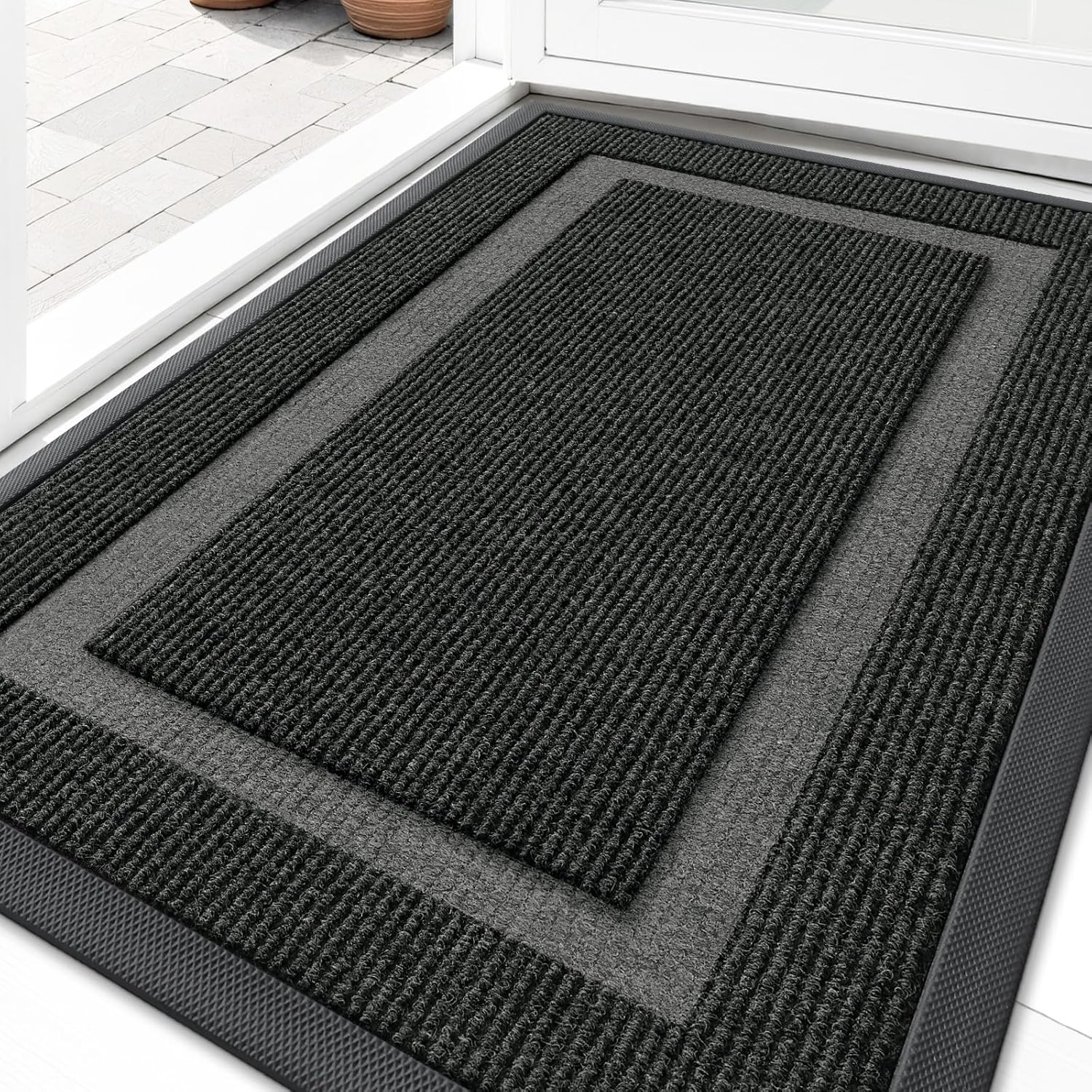 OLANLY Black 2-Piece Door Mat Set - Half Circle & Geometric Design (29.5"x17") for Stylish Entryways
