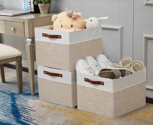 DECOMOMO Kallax Storage Cubes - 13x15x13 Stylish Bins for Shelf Organization | Beige & White, 3-Pack