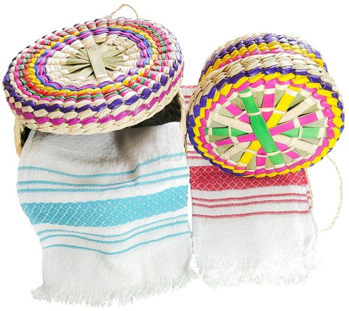 Jacq & Jürgen Handwoven Palm Tortilla Baskets with Cloths – 2 Pack (Medium & Large) – Multicolor Mexican Artisan Eco-Friendly Bundle