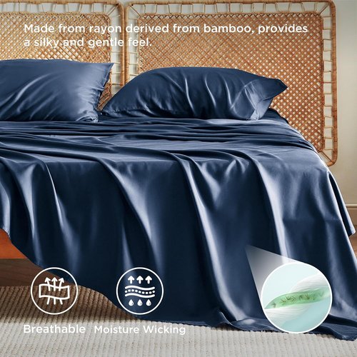 Bedsure Queen Sheet Set - Cooling Rayon from Bamboo | Breathable & Soft, Deep Pocket Up to 16" - Navy