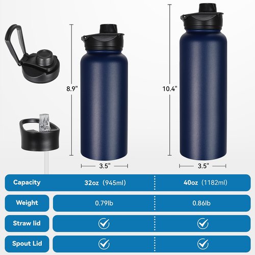 VEGOND 32 oz Insulated Water Bottle Bulk Stainless Steel Metal Water Bottles with Leak Proof Straw Lid & Spout Lid, Wide Mouth Double Walled Vacuum Travel Sports Bottle, 8 Pack