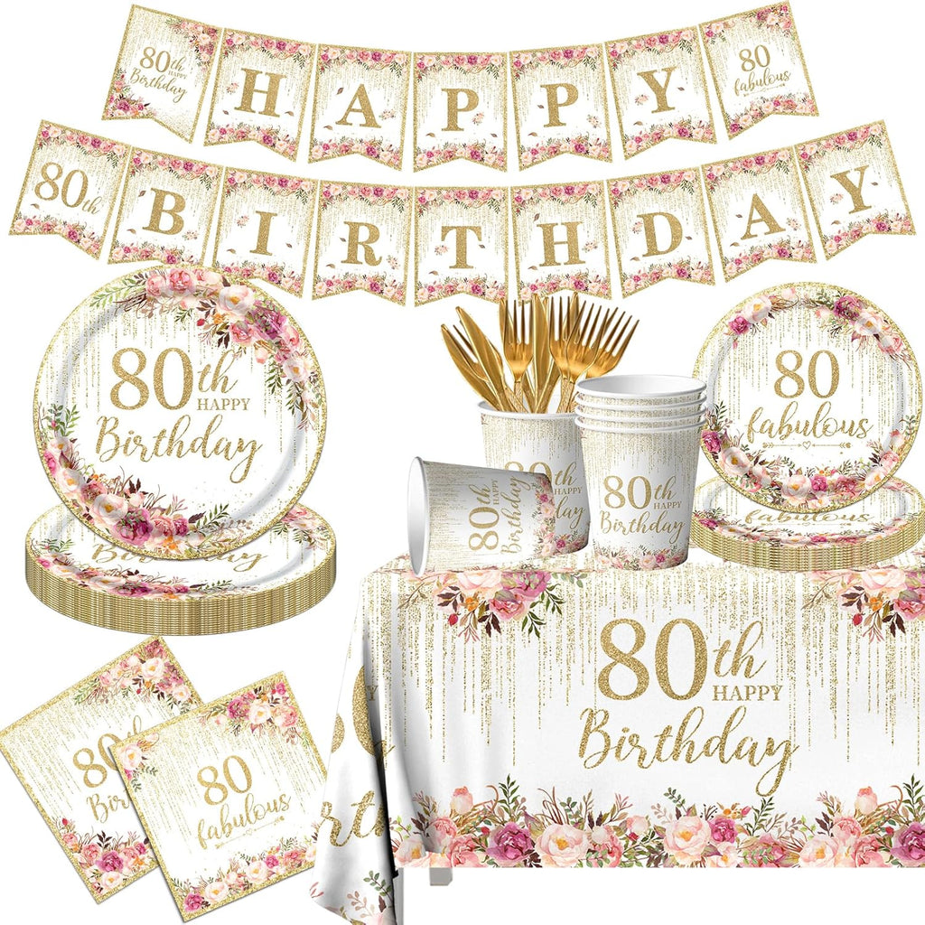 Regine Switzerland 80th Birthday Party Tableware Set - 142 Pcs Rose Gold Decorations | Plates, Napkins, Tablecloth & Banner
