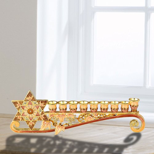 Matashi 9.25 Inch Long Hand Painted Enamel Menorah Candelabra Embellished with a Star of David Design and Embellished with Gold Accents Crystals