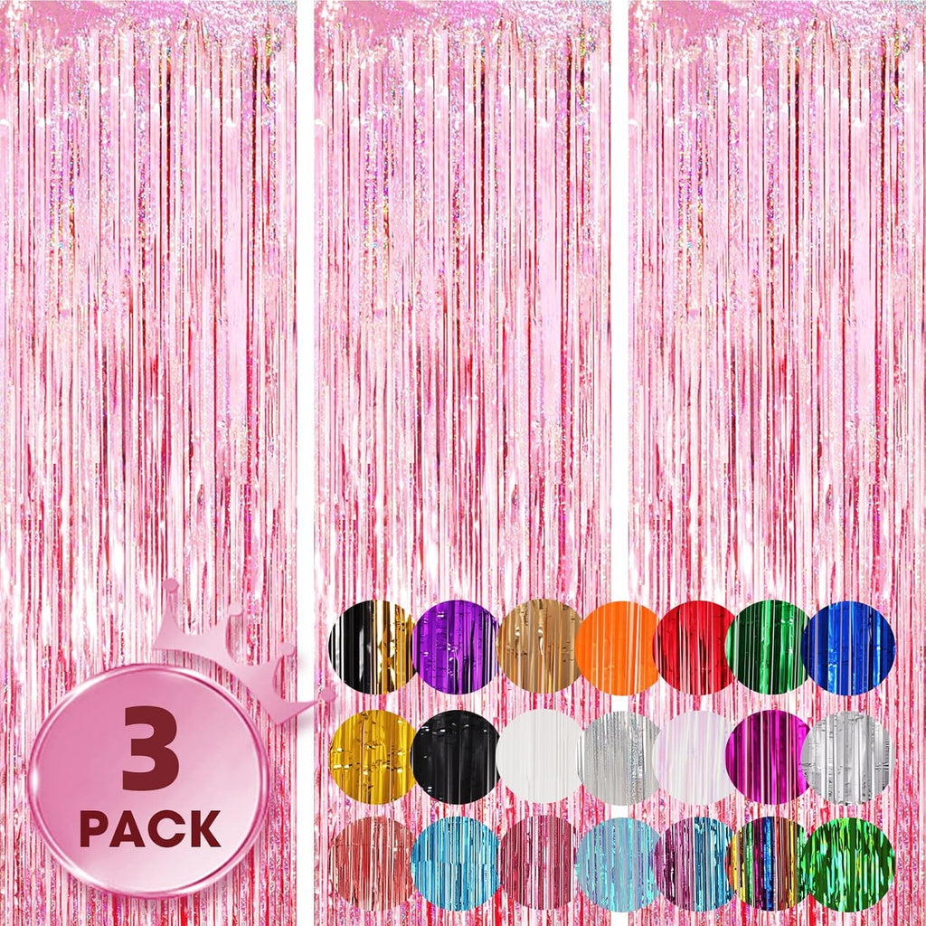 Voircoloria 3 Pack Laser Pink Foil Fringe Backdrop Curtains - Perfect for Birthday, Graduation & Baby Showers