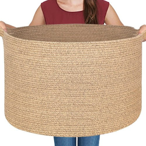 MEGASKET Large Wicker Storage Basket - 22” X 22” X 14” Cotton Rope Organizer for Toys & Blankets - Brown