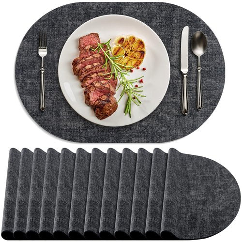 BARTHKIT Placemats Set of 12 Washable, Heat Resistant Table Placemats Wipeable Faux Leather Oval Place Mats Non Slip, Waterproof Oval Table Mats for Indoor Outdoor, Charcoal