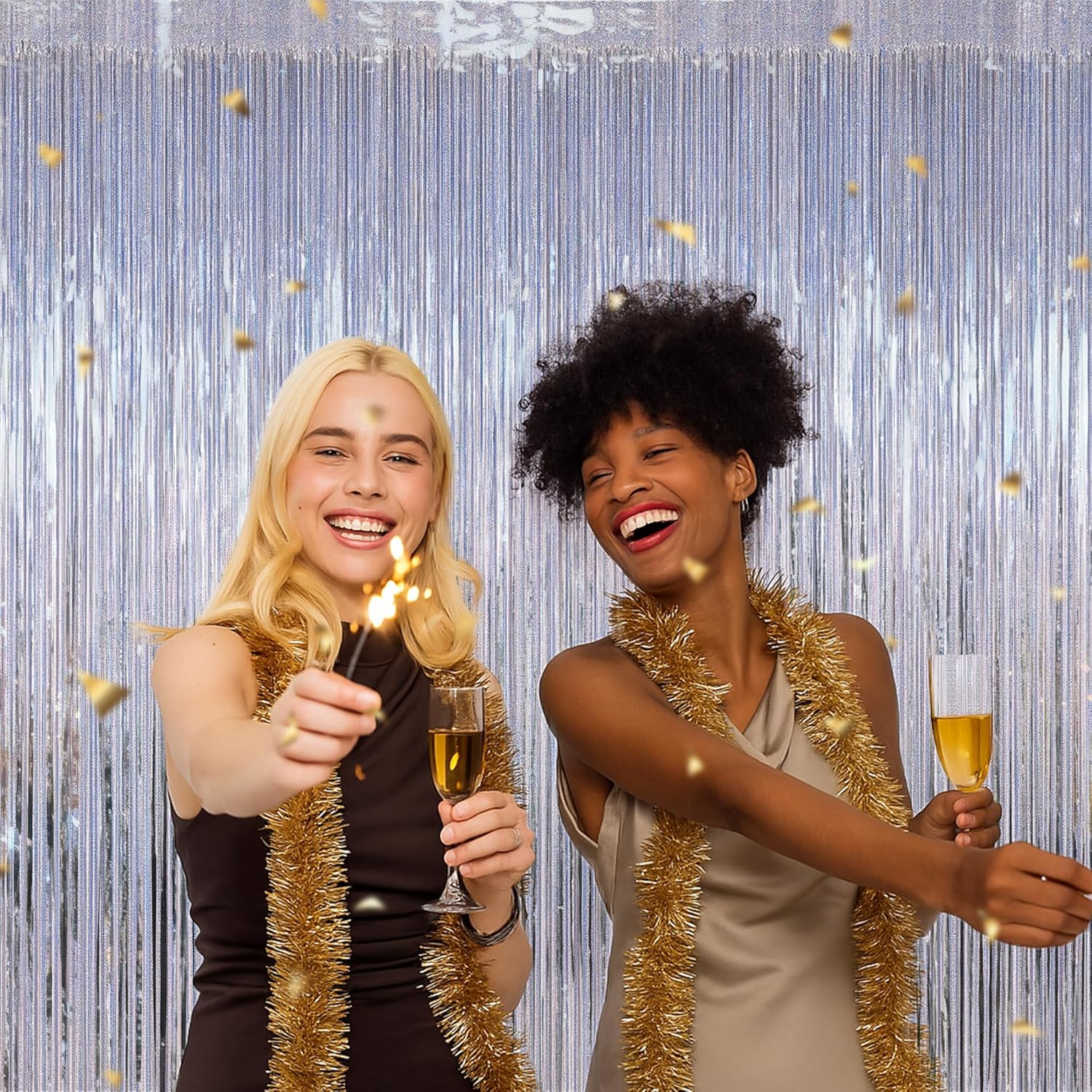 Skiennix Silver Tinsel Foil Curtain - 4 Pack Glitter Backdrop for Parties | 3.28 FT x 7.05 FT