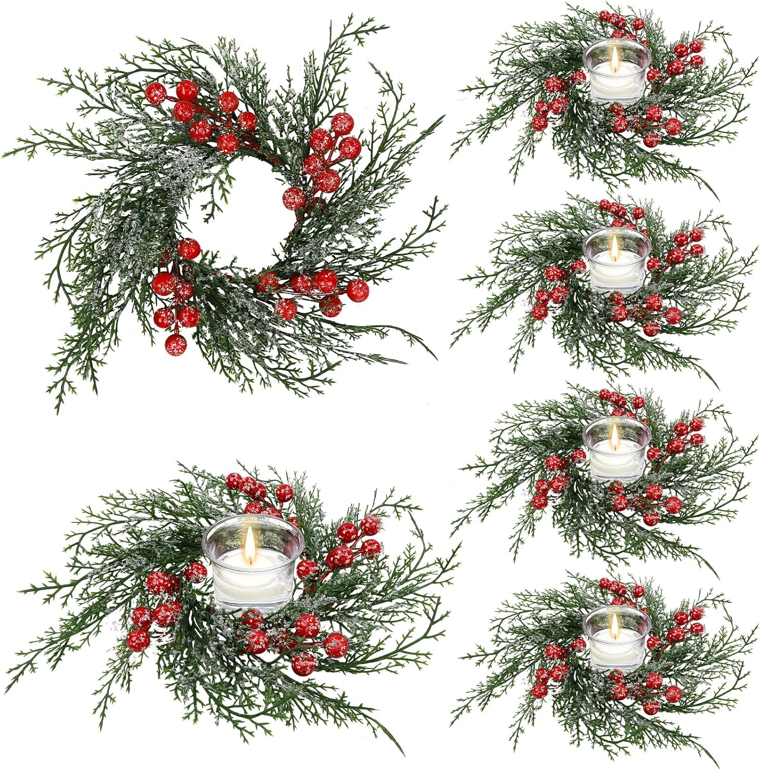 Regine Switzerland Christmas Candle Rings - Set of 6 Artificial Wreaths with Red Berries & Snowy Pine for Festive Table Centerpieces