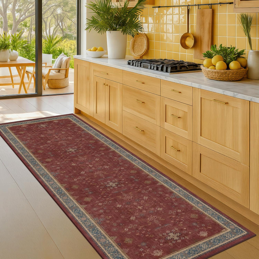 Turkish Kitchen Runner Rugs - Non-Skid Washable Design for Hallway, Bedroom & Bathroom | Dark Red