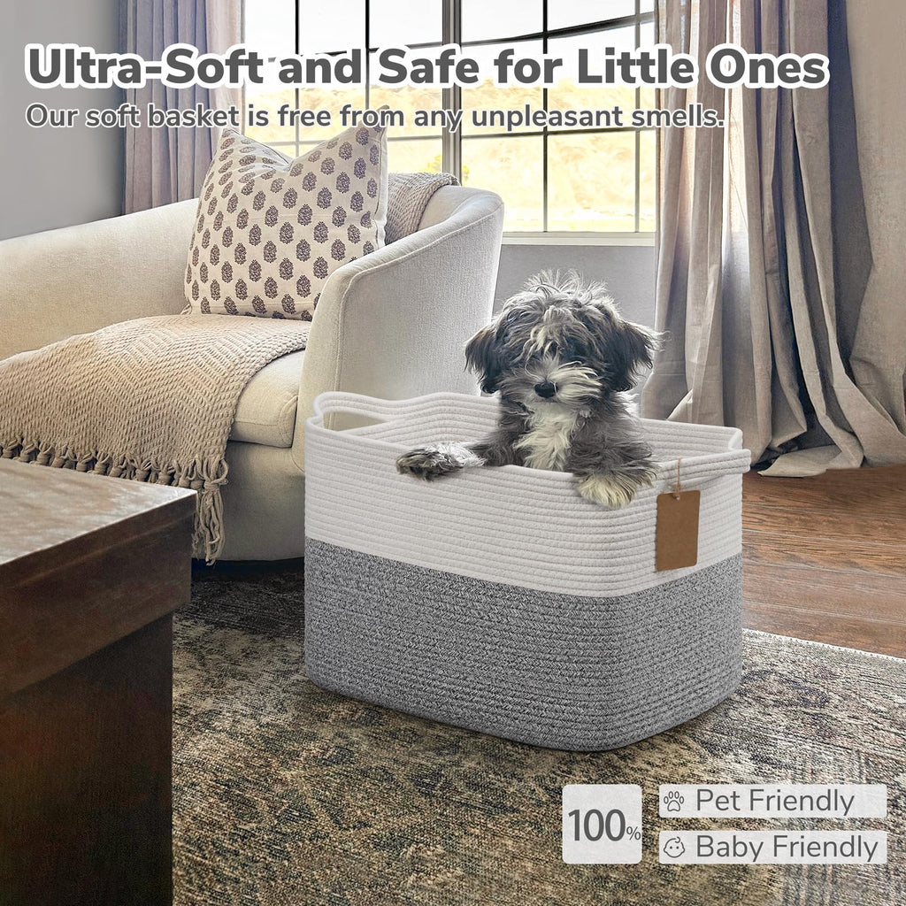 Goodpick Woven Storage Basket, Cotton Rope Baskets with Handles, Toy Baskets Storage Kids, Blanket Basket for Living Room, Bedroom, Gray and White, 18 x 14 x 12 Inches
