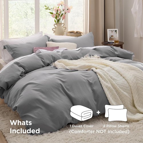 Bedsure Grey California King Duvet Cover - Extra Soft Prewashed Cotton-Like Polyester Set, 104x98 Inches with Zipper Closure & 2 Pillow Shams