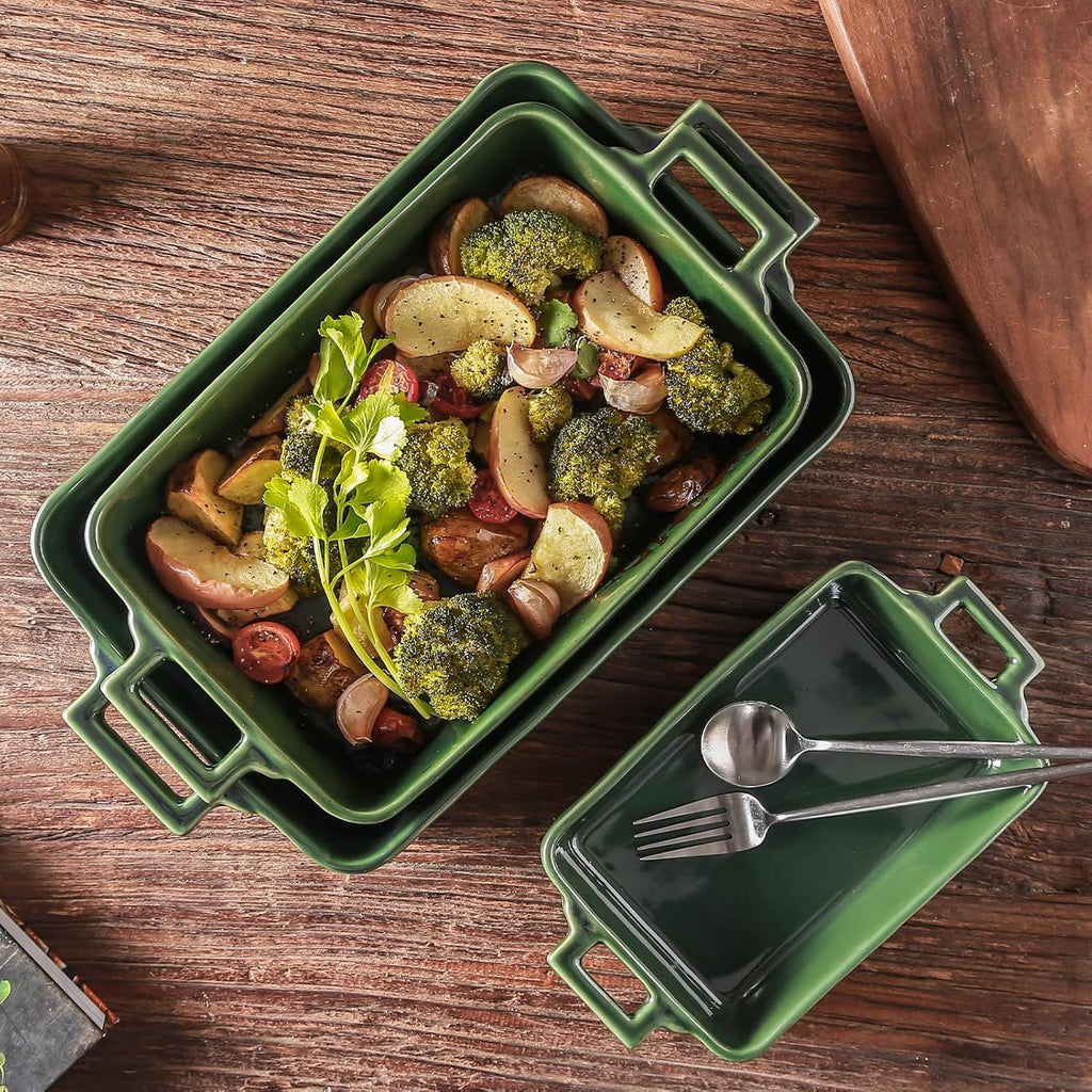 VICRAYS Ceramic Bakeware Set - Porcelain Rectangular Baking Dish for Lasagna & Casseroles | 3 PCS, 15 x 8.5 Inches, Green