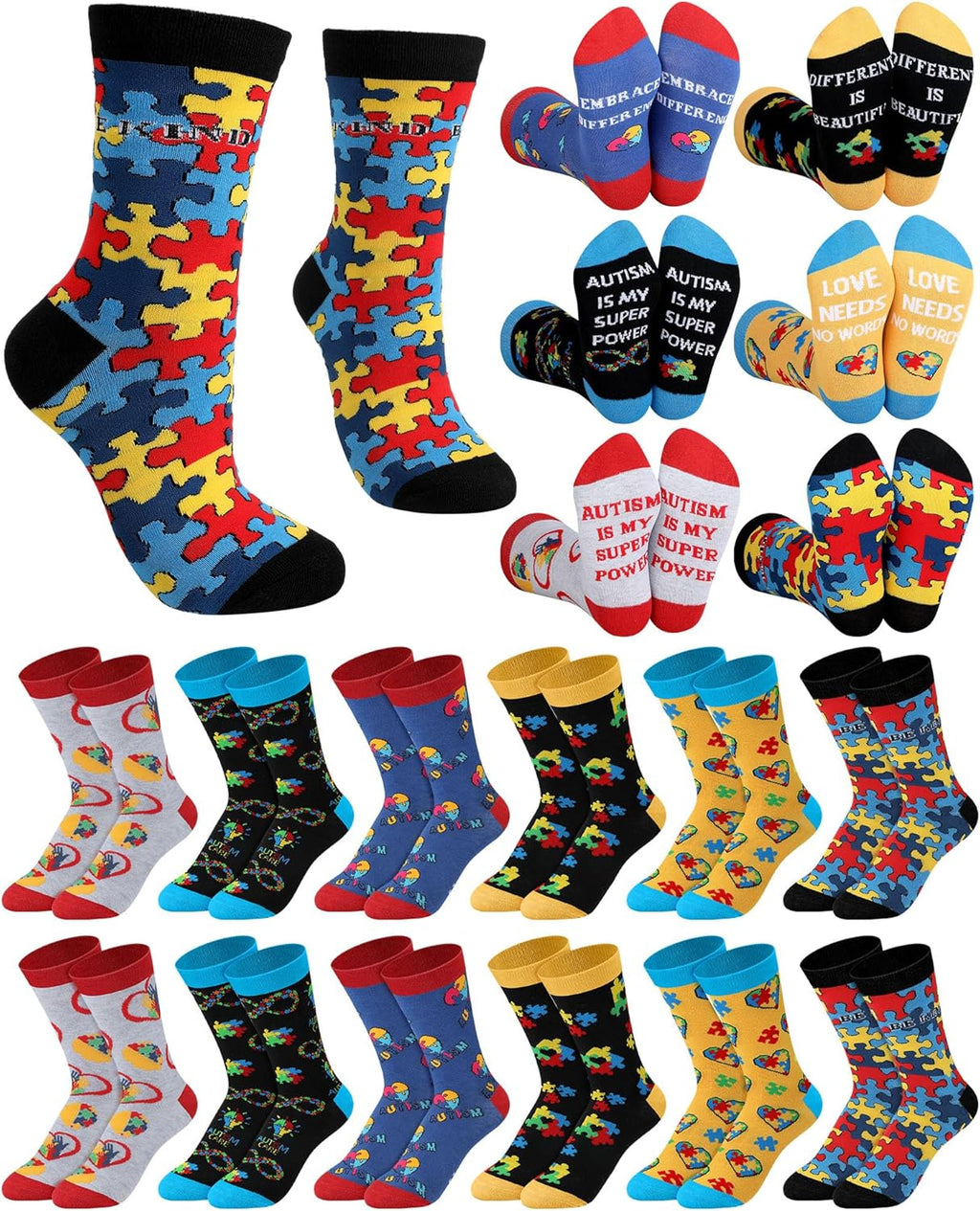 Skiennix Autism Awareness Socks - 12 Pairs Colorful Graphic Designs for Men & Women | Perfect Gift Idea