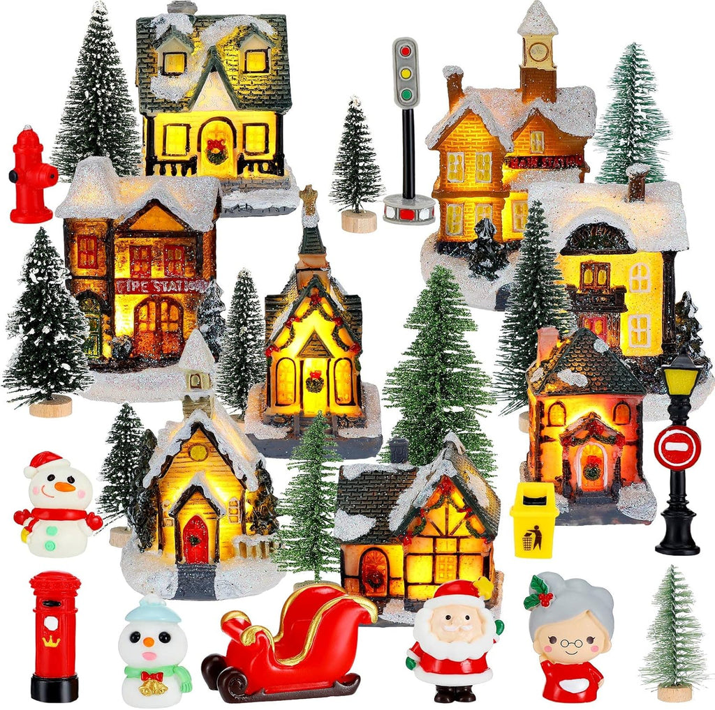 Woanger Christmas Village Set - 29 LED Lighted Houses & Figurines for Holiday Decor | Poly Resin Collectibles