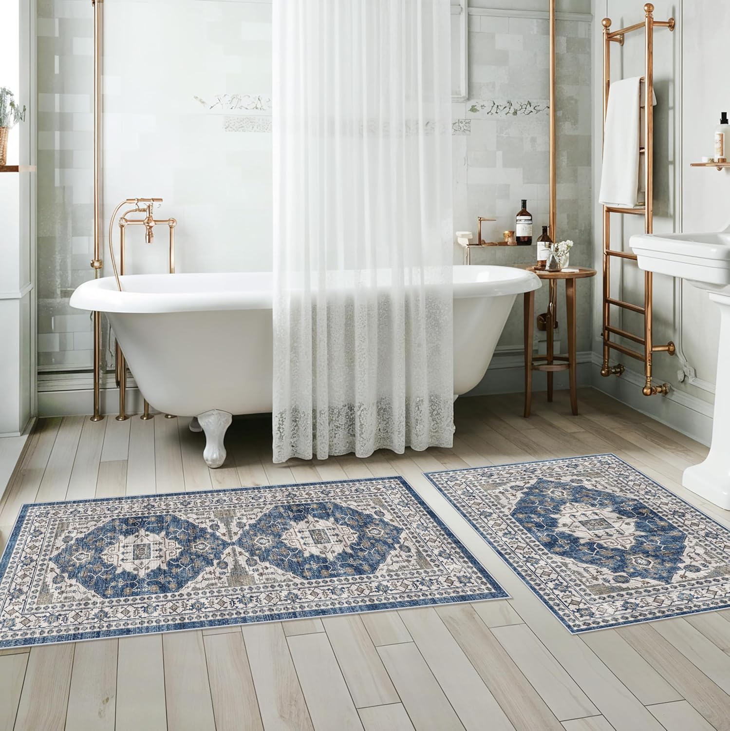 Skiennix Washable Kitchen Floor Mats - Non-Slip Water-Resistant Rugs | Soft Decorative Set (2x3, 2x4, 2x5, 2x6, Blue)