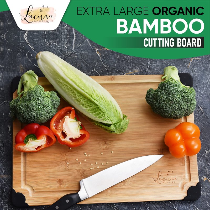 LACUNA BOUTIQUE Extra Large Non Slip Bamboo Cutting Board with Deep Juice Grooves- Wood Cutting Board for Kitchen Meal Prep & Serving Tray- Charcuterie Board & Chopping Butcher Block