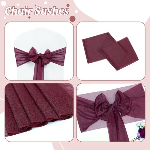 MDS Pack of 50 Chiffon Chair Sashes Bows for Wedding Events Supplies, Decorations for Birthday Parties, Graduations, Engagements, Chair Sashes fits Banquet Chair Cover Tie Back Band - Burgundy
