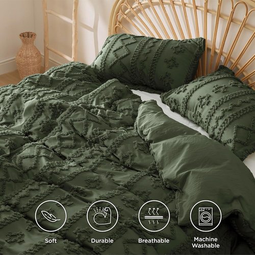 Bedsure Boho Duvet Cover - Soft & Comfortable Queen Size Bedding Set | Elegant Olive Green Design, Machine Washable