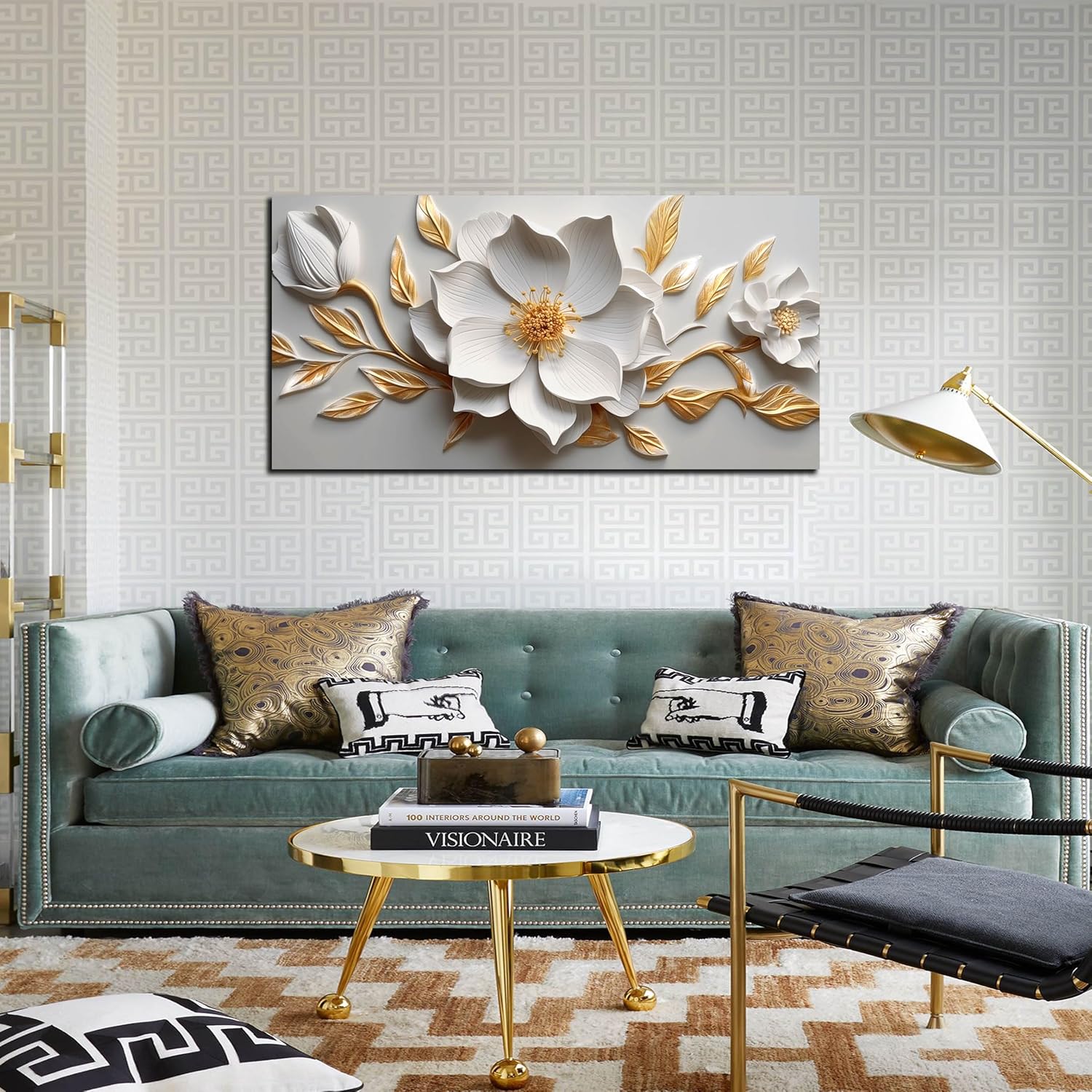 Skiennix Canvas Wall Art - Large White and Gold Floral Artwork for Living Room & Office | 20x40 In