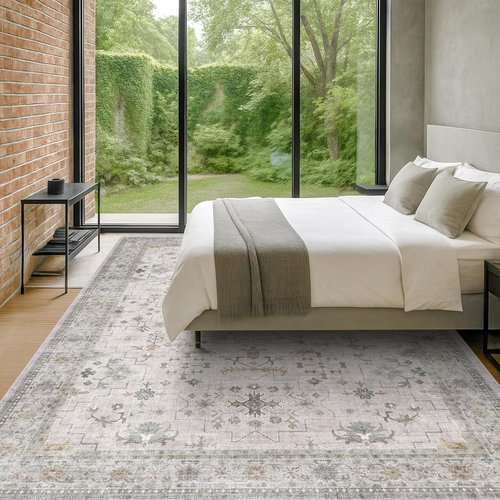 Hazo Haus Boho Living Room Rug - Light Grey Floral Design, 10x14, Washable Low Pile, Non-Slip Extra Large Area Rug