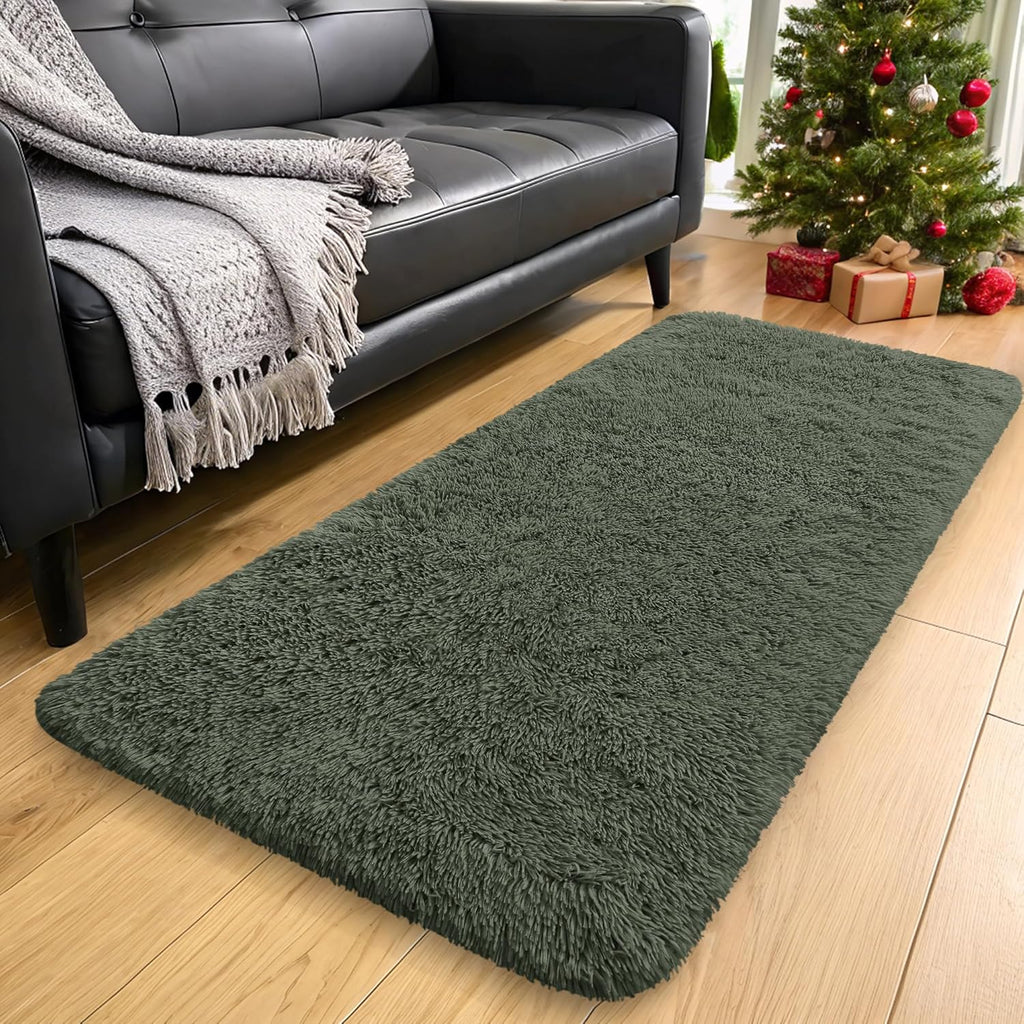 OLANLY Runner Rugs - Soft Fluffy Machine Washable Shaggy Carpet for Hallway | Olive Green 2x4 ft