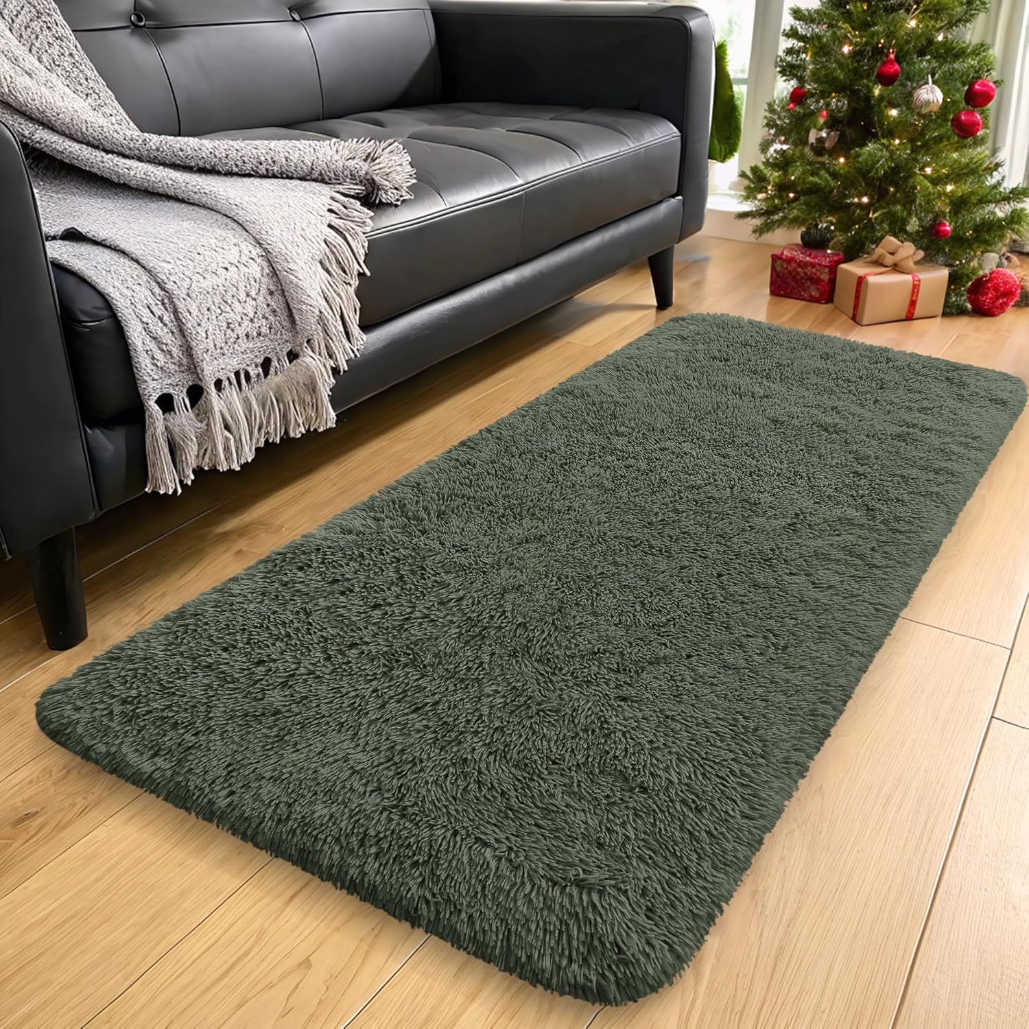 OLANLY Runner Rugs - Soft Fluffy Machine Washable Shaggy Carpet for Hallway | Olive Green 2x4 ft