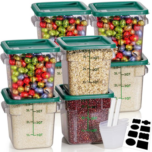 4QT NSF Food Storage Containers: 8 PCS [Food Grade][Hot&Cold Resistant] Commercial Clear Square Food Storage Containers with Scales Handles for Home Restaurant Kitchen Proof Dough(BPA FREE-GREEN)