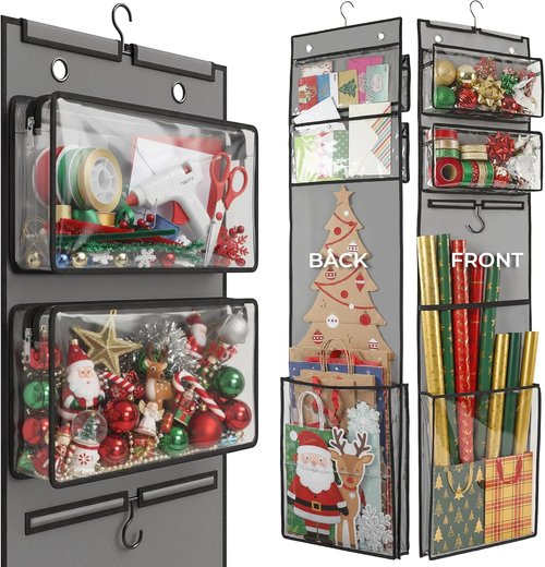 Gift Wrap Organizer by Wrapping Paper - Double-Sided Vertical Holder with 4 Zipper Bags & Hooks | Space-Saving Storage for Rolls & Ribbons