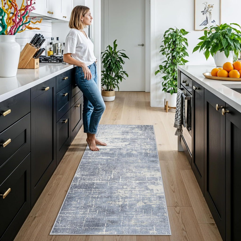 Skiennix Non-Slip Entryway Area Rug - Washable Stain Resistant Vintage Abstract Doormat | 2x6 Blue