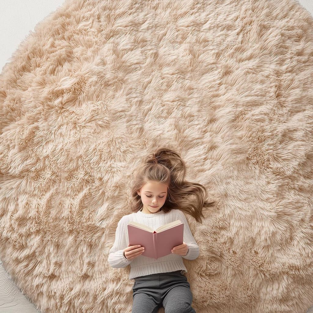 OLANLY Round Beige Area Rug - Soft, Fluffy, Machine Washable 9 ft Circle Carpet for Bedroom & Living Room Decor