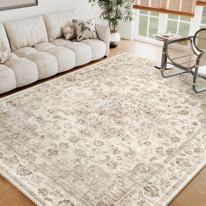 WondRg 5x7 Washable Neutral Area Rug Beige Vintage Living Room Bedroom Carpet Non-Slip Soft Low Pile Farmhouse Indoor Throw Rug for Dining Room Entryway Office