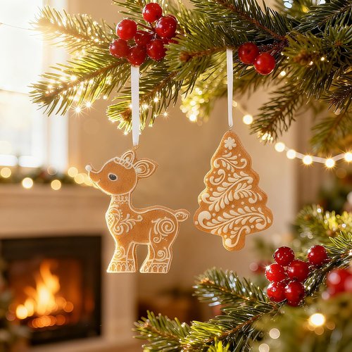 Cynkeyee Gingerbread Decorations | 2-Piece Resin Christmas Ornaments - Tree & Deer, 4.5x0.5x3 IN