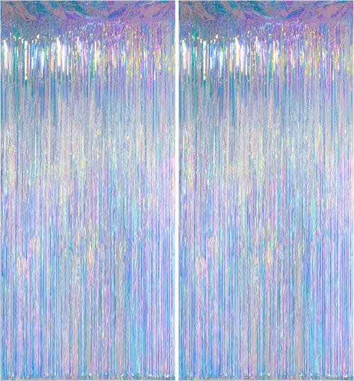 Iridescent Clear Tinsel Curtain Backdrop - 3.28 x 8ft Rainbow Foil Fringe | Shimmer Party Decoration (2 Pack)