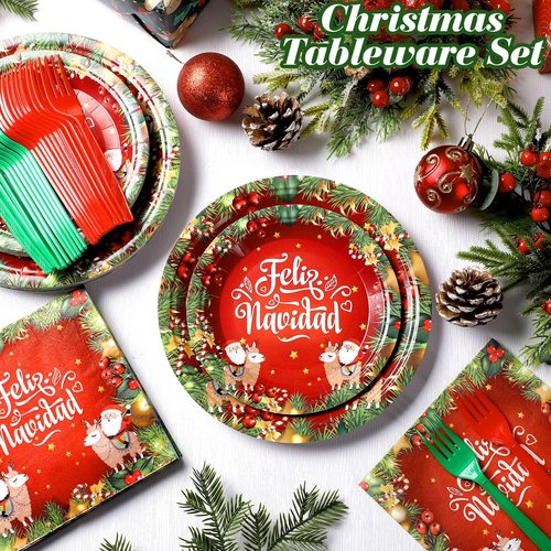 Qinyoung 96 Pcs Feliz Navidad Party Decorations Mexican Christmas Paper Plates and Napkins Set Feliz Navidad Dinner Dessert Tableware Red and Green Serve 24 Guests for Spanish Christmas Party Supplies