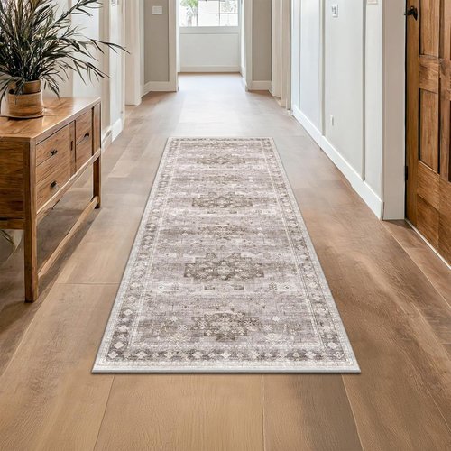 Hazo Haus Boho Long Bathroom Runner Rug - Washable Non-Slip Soft Stain Resistant | 24 x 72 Inches, Beige/Latte Floral Design