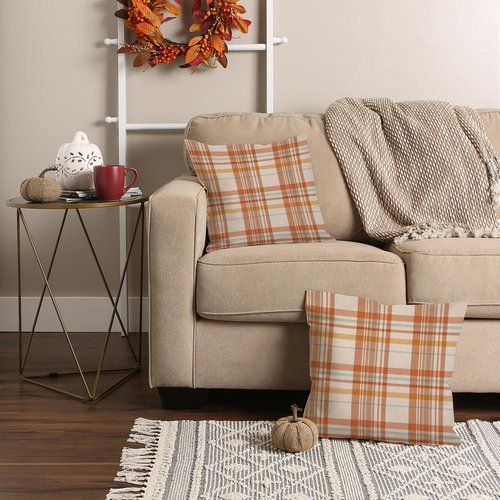 AOFANGGO Fall Pillow Covers 20x20 Set of 2 Autumn Decorative Throw Pillow Cases Orange Blue Plaids Cushion Covers Faux Linen,Farmhouse,Thanksgiving,Home Décor,Outdoor,Patio,Patch