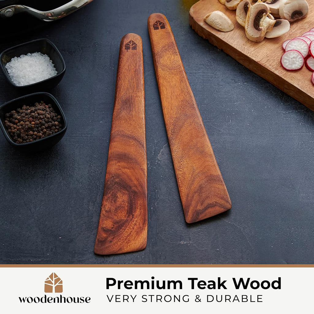 Skiennix Wooden Spatula Set | 12-Inch Teak Turner & Flipper for Non-Stick Frying Pans - BPA Free & Heat Resistant
