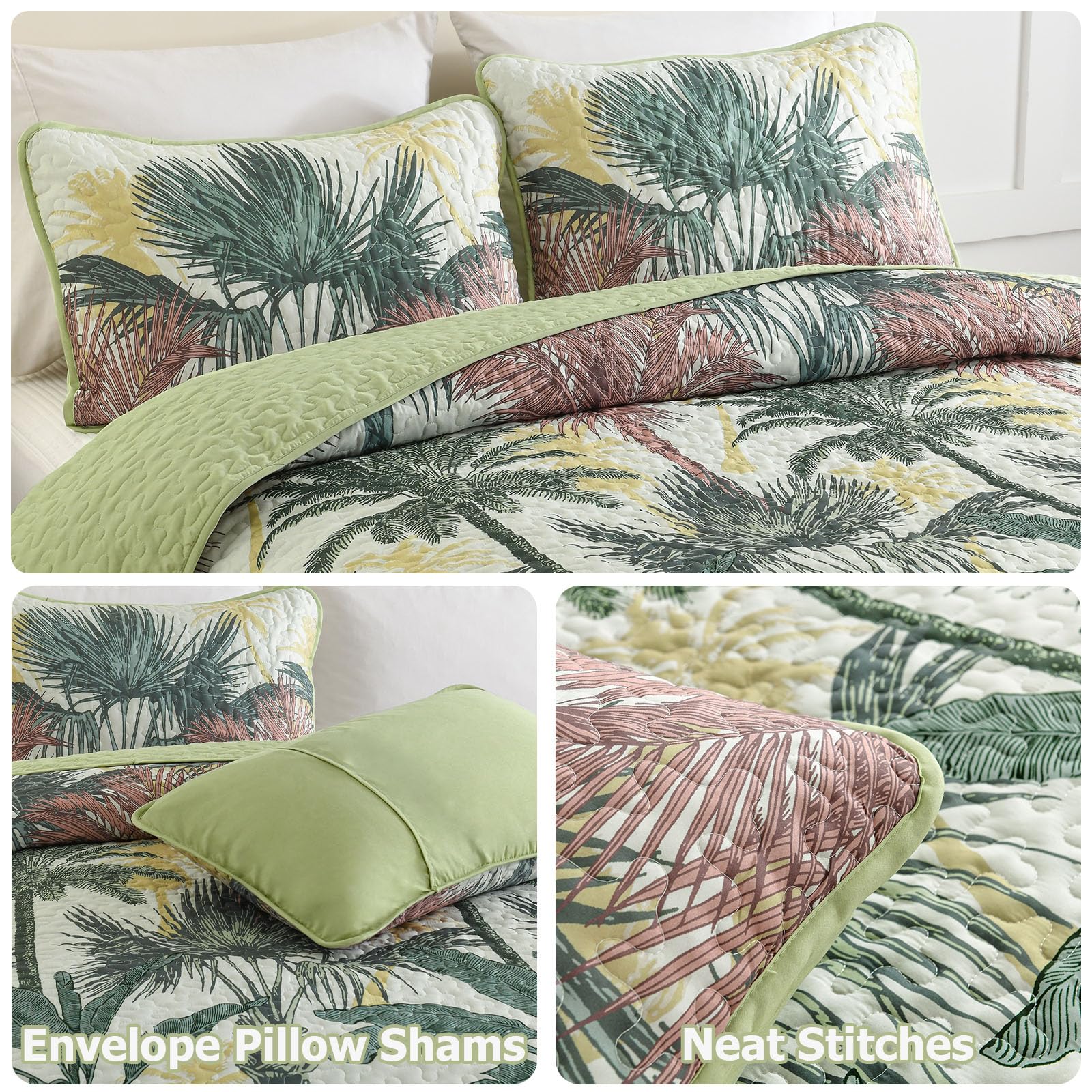 Luxudecor Tropical Plants Quilt Set Queen Size 3 Pieces Green and Brown Palm Botanical Bedspread Rainforest Style Bedding Set Soft Lightweight Bed Cover All Season 96"x90"