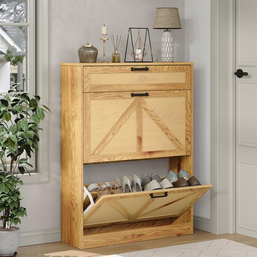 Diwnnue Wooden Shoe Storage Cabinet with 2 Rattan Flip Drawers, Farmhouse Freestanding Organizer for Hallway, Entryway, Foyer, Narrow Shoe Rack Cabinet, Rustic Oak Rattan