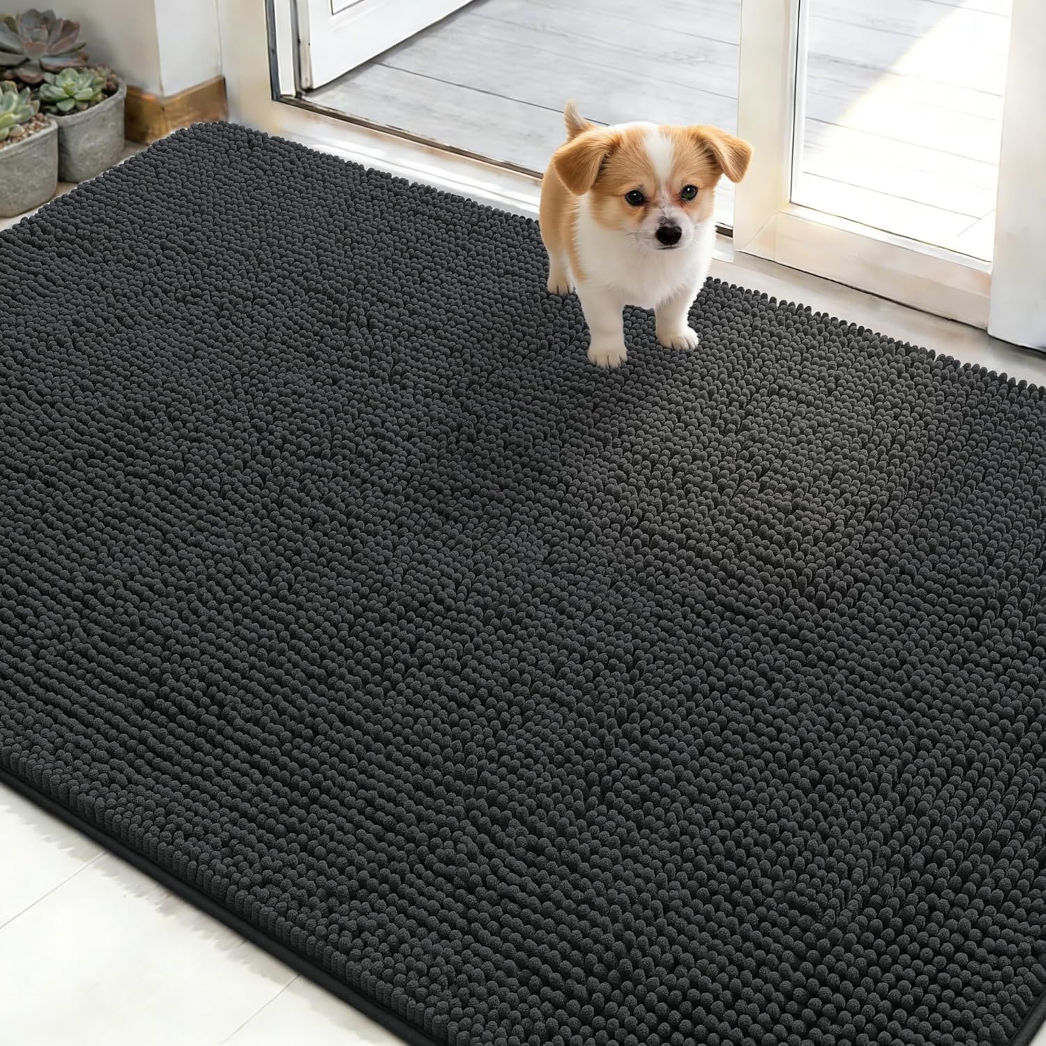 OLANLY Dog Door Mat - Absorbent Non-Slip Chenille Mat for Muddy Paws | 48x30 Dark Grey Indoor Carpet