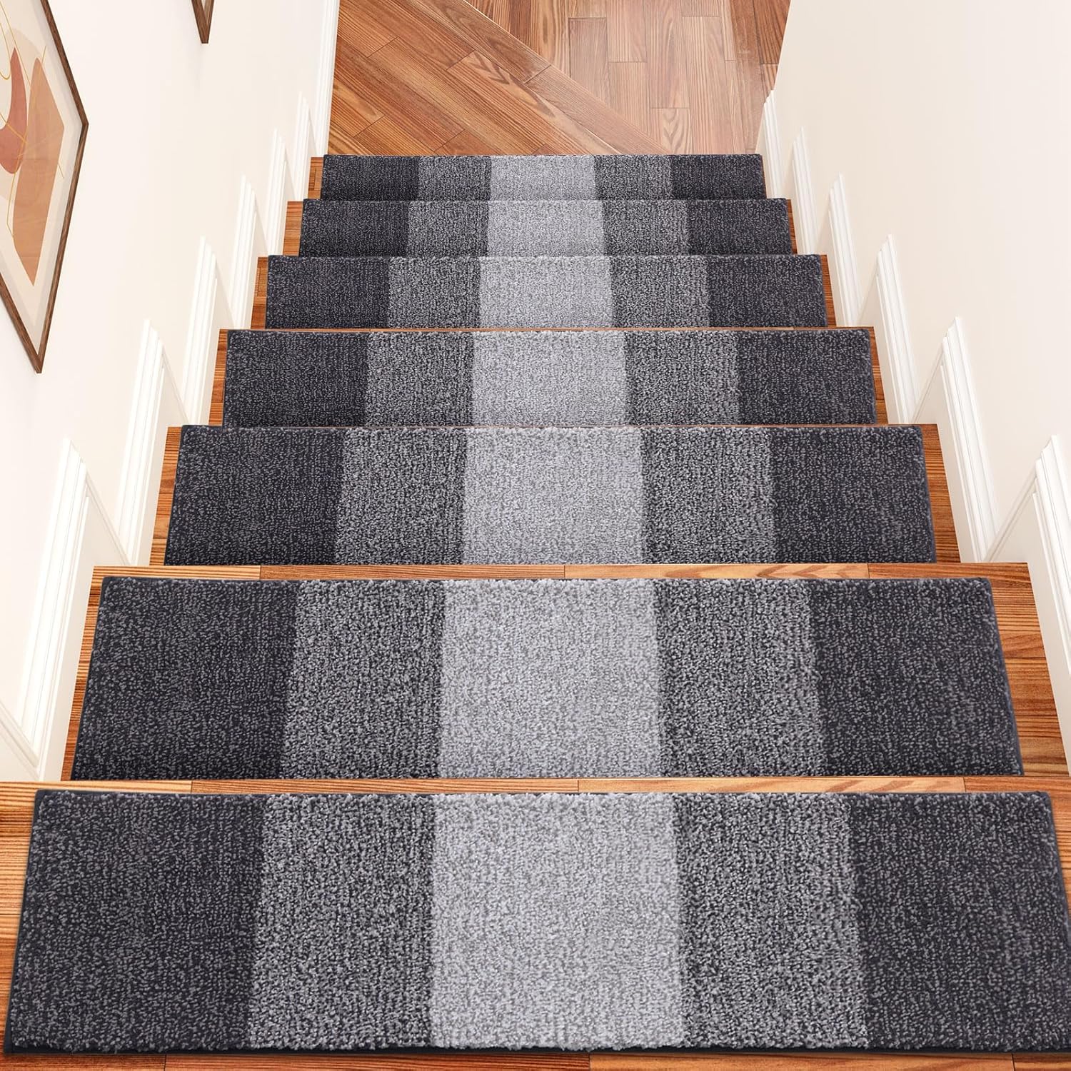 OLANLY Non-Slip Stair Treads - 15PCS Indoor Stair Runners for Wooden Steps | 8" x 30" Grey Edging Rugs