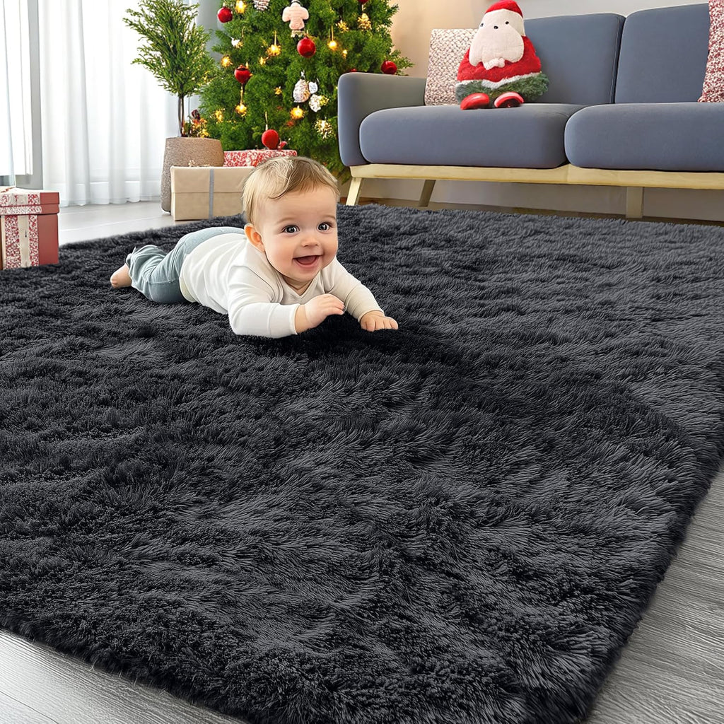 OLANLY Area Rug - Soft Fluffy Shaggy Carpet for Living Room & Bedroom | Machine Washable, Black